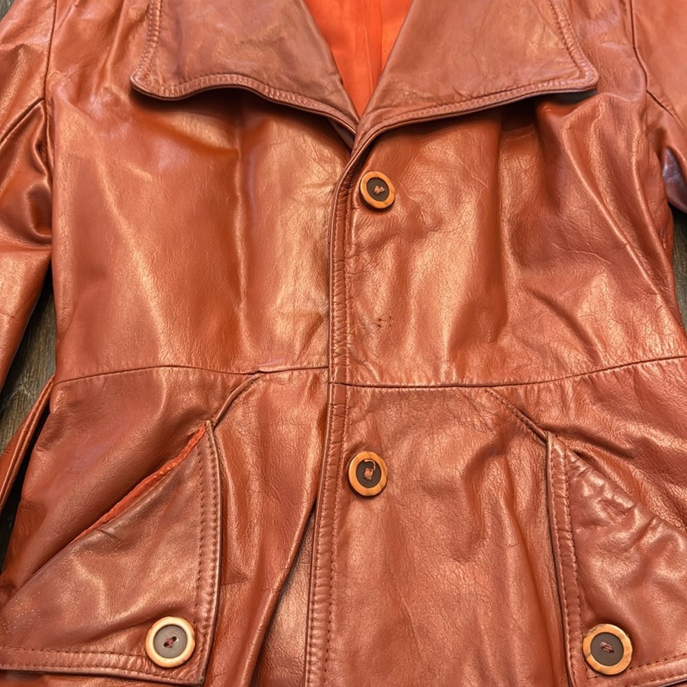 🟢 Vintage 1980s/1990s Rust Orange Belted 100% Leather Jacket - Picture 6 of 9